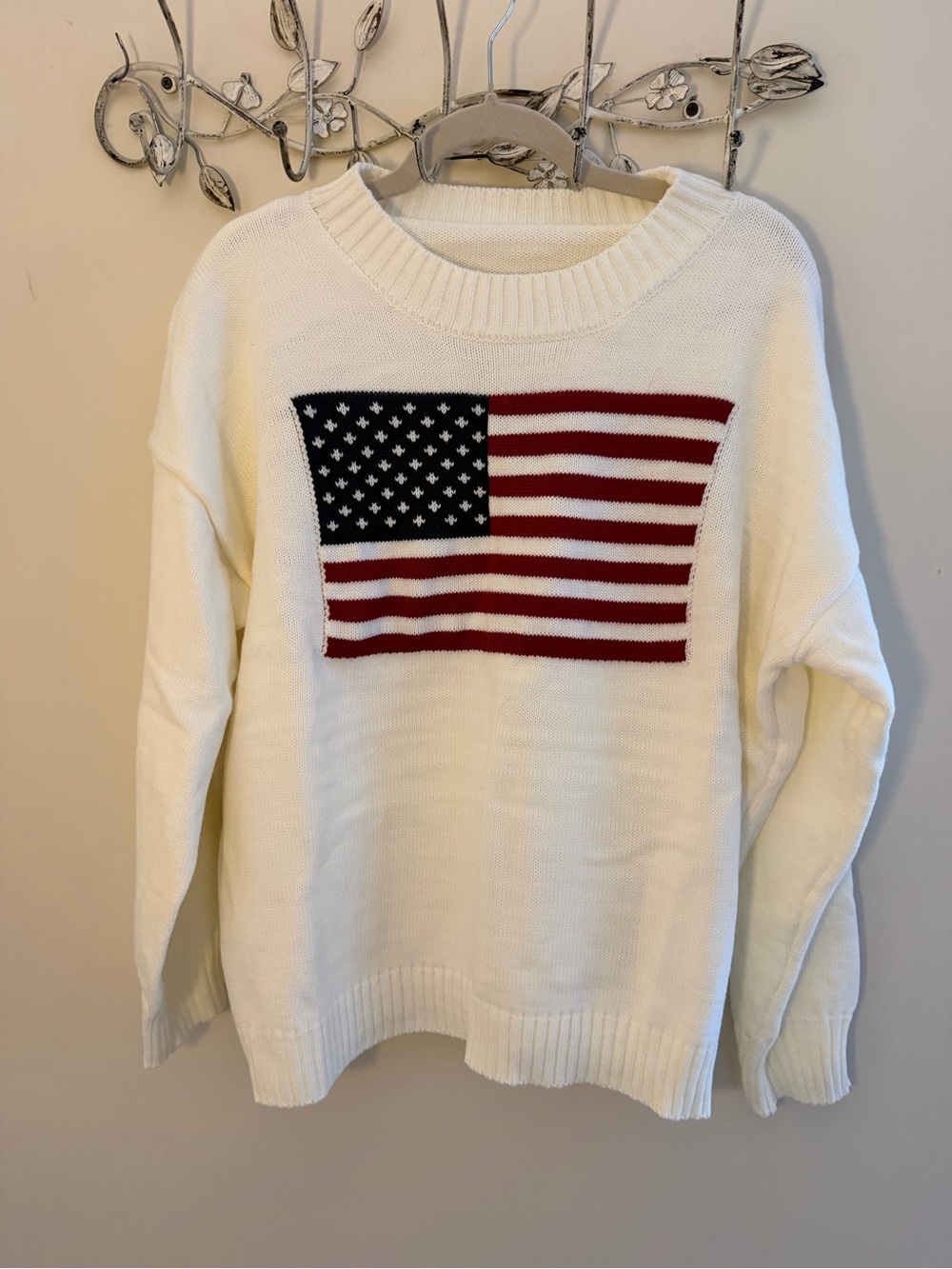 White Crewneck Sweater with American Flag Intarsia